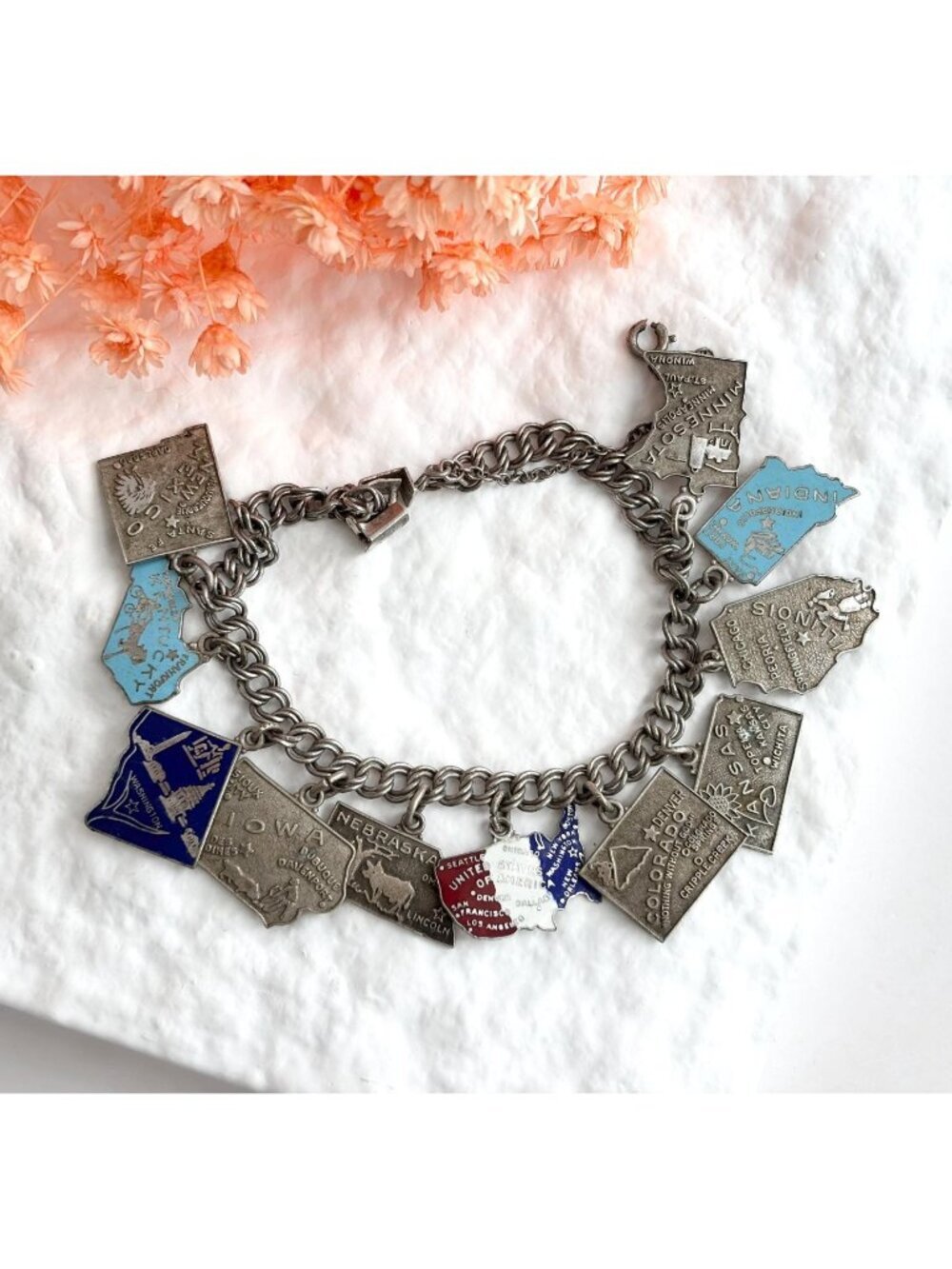 12 US States Souvenir Sterling Silver 925 Multi Charm Vintage Bracelet